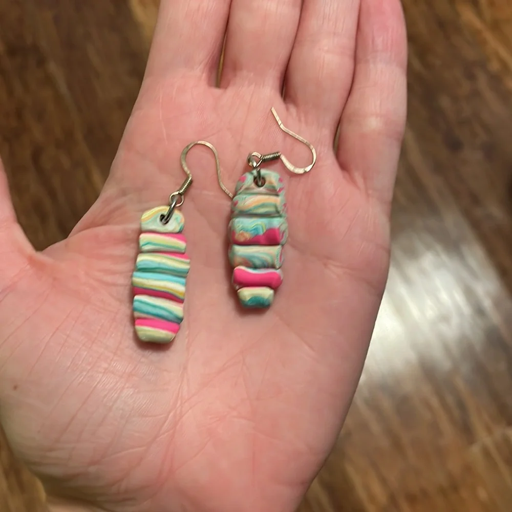 Handmade colorful rainbow swirl clay drop earrings